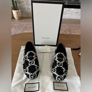 GUCCI women's Jordaan tweed black white GG bit loafers 38.5 / 8.5 worn once